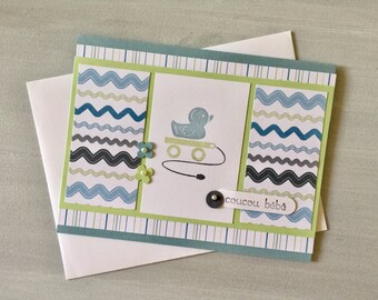 French (français) Baby Boy Card . For Expecting Parents . Rubber Duckie Blue Card . Un canard en bleu pour nouveau bébé garçon