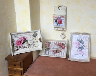 Romantic wooden accessories decorated with decoupage, shabby chic, 1/12 scale, OOAK