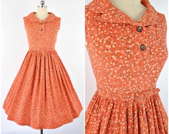 1950's fruit harvest day dress sz S (B 34 W 26 ) orange novelty pattern/ Vintage 1950s dress/ fit and flare, button up, sleeveless, cotton