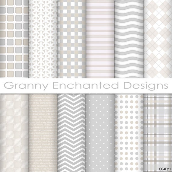 12 Digital Papers – in White, Gray, and Taupe Patterns for Digital Backgrounds, Invitations, Scrapbook Paper, and Web Design (004p1)