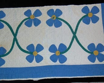 Vintage Cutter Quilt Piece Applique Blue Flowers