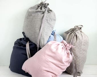 Large Laundry bags set of 6 made of stone washed linen - Hanging laundry bag - Dorm laundry bag
