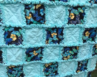 Butterfly and Aqua Rag Quilt 57"x74" Blue Butterflies Homemade Rag Quilt Aqua Solid Lap Twin Throw Aqua Flannel