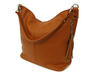 Tan LEATHER HOBO BAG, Camel brown Everyday Leather Shoulder Bag, Leather tassel