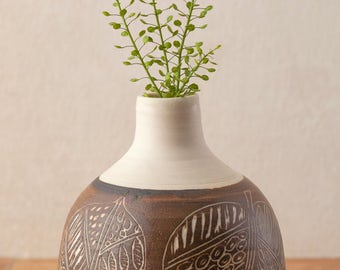 Small Porcelain Vase, Bohemian Home Decor, Leaf Design, Hostess Gift, Decorative & Functional Pottery, Wheel Thrown Ceramics, Ready To Ship