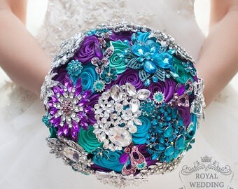 Brooch Bouquet Crystal Wedding Bouquet Teal Bouquet Turquoise Bouquet Purple Bouquet Bridal Bouquet Bridesmaids Bouquet Keepsake Bouquet