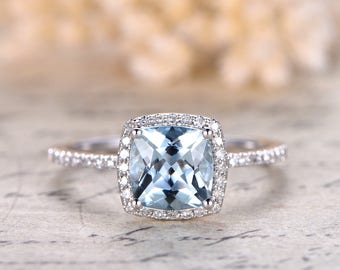 7mm Cushion Cut Aquamarine Ring Aquamarine Halo Ring,Aquamarine Engagement Ring Solid 14k White Gold Ball Set