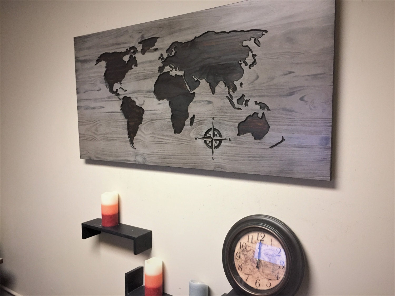 World Map Home Decor Carved Wood Wall Art Stained Wooden