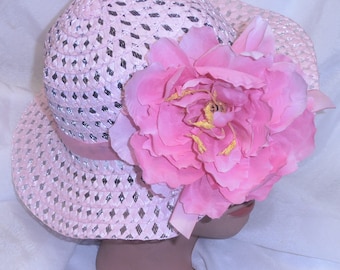 Pink Girls Easter Hat Easter bonnet Spring Hat Teaparty Hat Pink Tissue Flower