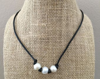 Leather And Freshwater Pearl Necklace Triple Freshwater Pearls Style Dark Brown Leather Necklace Choker