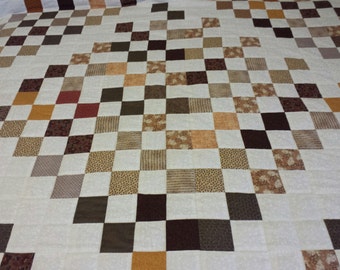 King Size Quilt, Handmade/Handquilted, Brown and Gold Tone, Made in the USA