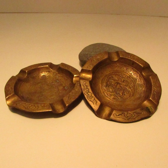 Vintage two Turkish brass ashtray Old stamped brass ashtrays