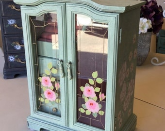 Vintage Shabby Chic Jewelry Box / Painted Jewelry Armoire / Wooden OOAK Designer Jewelry Box