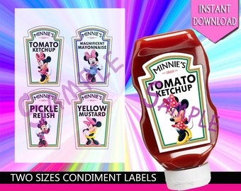 Minnie Mouse, Minne's Bow, Polks Dots, Girl Birthday Party,Disney's Minnie Heinz Condiment Bottle Labels Party Decoration - Instant Download