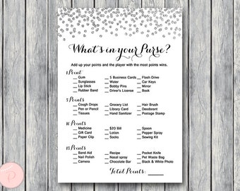 Silver What's in your Purse Bridal Shower Game, Purse Hunt, Purse Raid, Coed Bridal shower game, Bridal shower activity TH63