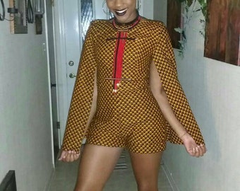 African Print Romper/Playsuit with Cape || African Playsuits, Ankara Playsuits, African Print Rompers, Ankara Romper with Cape