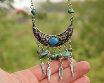 Turquoise necklace Feather jewelry Feather necklace statement necklace Gypsy necklace Boho jewelry Ethnic Necklace Tribal Necklace silver