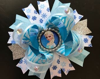 Large elsa hair bow- frozen hair bow- princess Elsa frozen hair bow-frozen blue white and silver hair bow-Bottlecap elsa frozen bow
