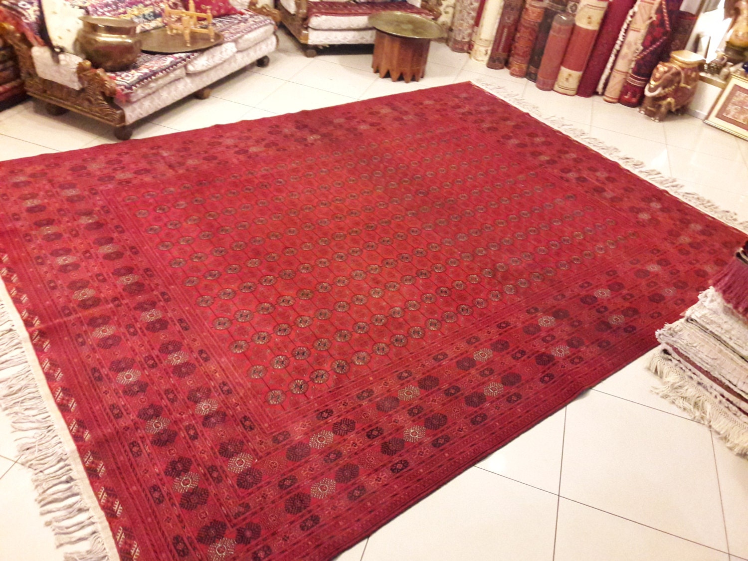 BukharaVintageHandmadeDeep Red Colored Large Carpet Rug
