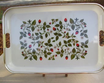 Strawberry Serving Tray, Garden Decor, Strawberry Kitchen, White, Gold, Green, Red Tray, Lacquerware