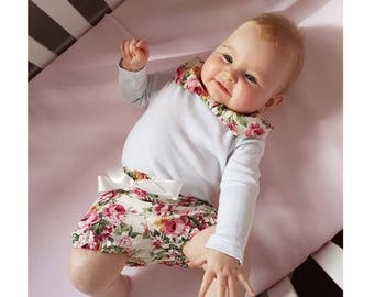 Peonies Floral Bloomer and Collar Set, Giris Spring Shorts, Baby Bloomers, Girls Collar Set, Toddler Bloomers Set, Vintage Design Bloomers