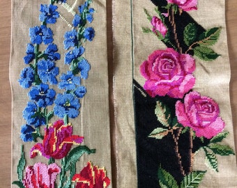 Pair of Unfinished Needlepoint Flower Pictures