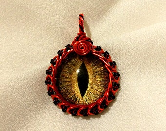 Gold Hand-Painted Dragon Eye Pendant w/Red and Black Wire Wrap (with Necklace)