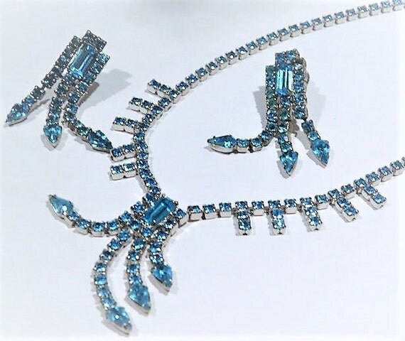 ASTRA Joseph Wiesner Rhinestone Necklace Earrings 1950s 50s Mid Century Demi Parure Blue Wedding Bride Bridal Vintage Designer Jewelry
