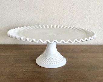Milk Glass Cake Stand; Fenton Hobnail Glass; Vintage Wedding Decor; Pedestal Cake Stand; White Cake Plate; Fenton Glass Cake Stand
