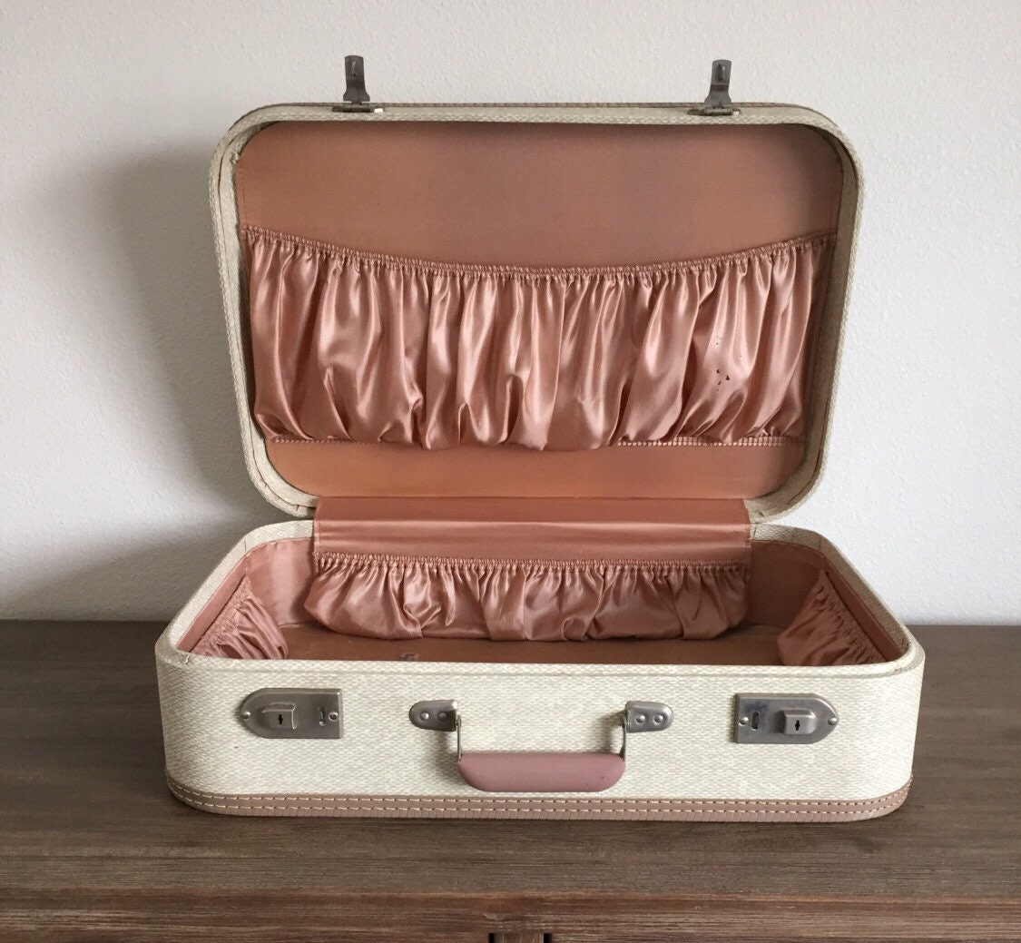 Vintage Luggage Vintage Cream Suitcase with Key Mid Century