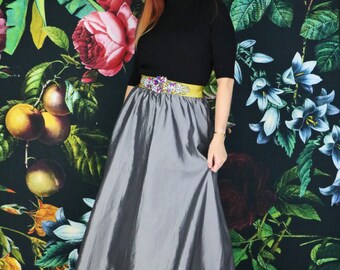 Vintage Silver Metallic Taffeta 1980s Full Maxi Skirt Boho Style