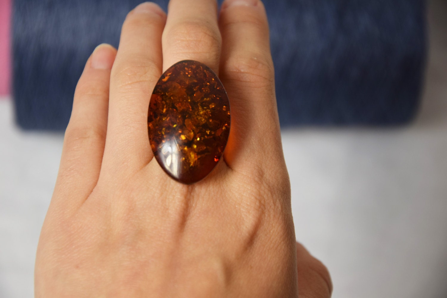 Large Oval genuine natural Baltic amber ring Vintage amber