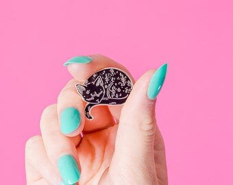 Silver Mystical Cat Enamel Pin // Loll3, sleeping kitty, black cat pin, mystic pin badge // Space kitty