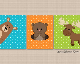 Woodland Nursery Wall Art Decor Bear Moose Raccoon Orange Green Teal Wall Art Forest Animal Nursery Wall Art Woodland Baby Gift-UNFRAMEDC228
