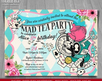 Alice in Wonderland Invitation - Alice in Wonderland tea party Invite - Mad Hatter Birthday Invitation - Mad Tea Birthday Party