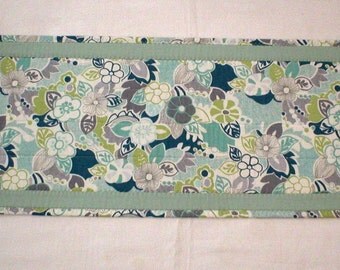 Handmade Quilted Table Runner, Teal, Green, Cream Spring Floral Design, 12"x36" (Runner2123-31-40)