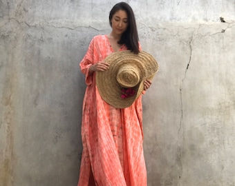 Coral Hand Dyed Very Long Kaftan simple Dress, stylish, Elegant, Miami,lbiza,Holiday Dress,summer party dress,loose fit,Vacation,Sharon dres