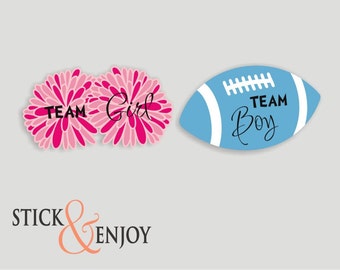 Gender Reveal Party Stickers, Pom Poms Team Girl and Football Team boy Labels. Pom Poms and football Shaped Waterproof Sticker, Labels