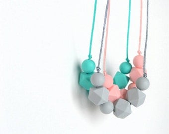 Teething Necklace for Mom, Toddler Teething Necklace, Chewlery, Chew Beads, Turquoise, Light Gray or Light Pink