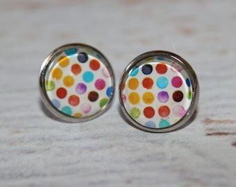 Colour Spot Pattern Round Glass Spotty Dot Cabochon Stud Earrings 12mm