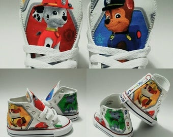 Paw Patrol Converse shoes, boy birthday sneakers, custom pawpatrol Chucks, marshall, chase,ryder licensed cotton fabric by hallwayzdesigns
