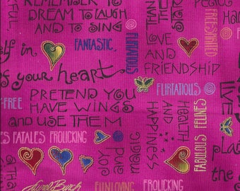 Clothworks - Laurel Burch Fabrics - Fabulous Felines - WORDS on FUCHSIA - Inspirational - 100% Cotton - Quilt Shop Quality Fabric