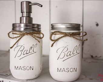 Mason Jar Bathroom Set, Custom Mason Jar set, custom mason jar set, mason jar toothbrush holder, mason jar soap dispenser, custom mason jars