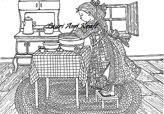 Girl Cooking in Kitchen country Printable Adult Coloring Book