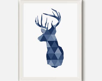 Deer Head Art, Blue Navy, Geometric Deer Print, Geometric Deer Wall Art, Deer Head Triangle Art, Nursery Geometric poster, Kids room prints