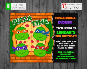 Printable invitation Ninja Turtles in PDF with Editable Texts, TMNT party Birthday Invitation, edit and print yourself!