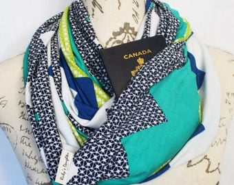 Scarf / Printed Chevron Infinity Scarf with Hidden Zipper Pocket / Travel scarf / Pocket Scarf / Passport Scarf / Mother's day gift