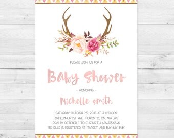 Baby Shower Invitation Girl, Boho Baby Shower Invitation, Tribal, Floral, Flowers, Antler Baby Shower, Watercolor