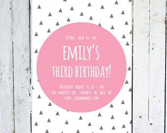 Birthday Invitation Girl, Girl, Birthday Invitation, Geometric, Pink, Grey, Triangle, Modern, Printable, Printed