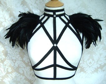 BLACK FEATHER epaulettes, AND diamante body harness, cage bra, bdsm harness, burlesque costume, pole dance costume, gothic feather wings
